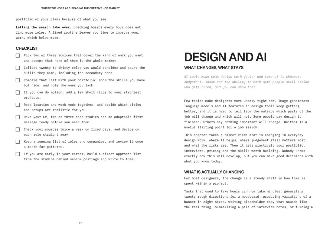 A checklist and the opening of the chapter “Design and AI” in the From Portfolio to Offer