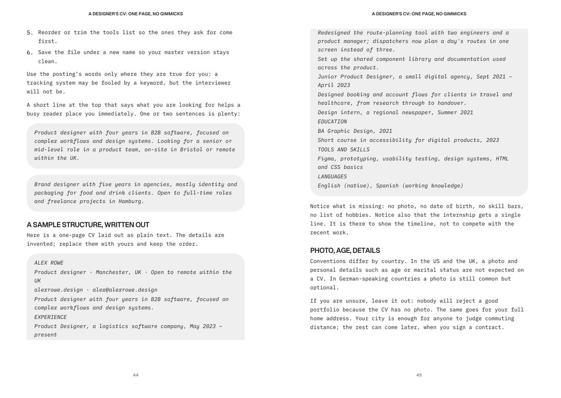 Two pages from the chapter “A designer’s CV” in the From Portfolio to Offer