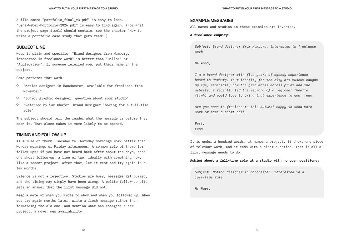 Two pages from the chapter on the first message to a studio in the From Portfolio to Offer