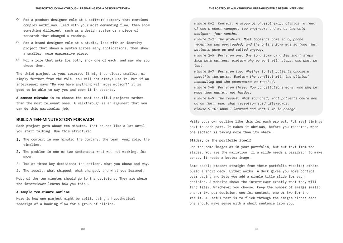 Two pages from the chapter on the portfolio walkthrough in the From Portfolio to Offer
