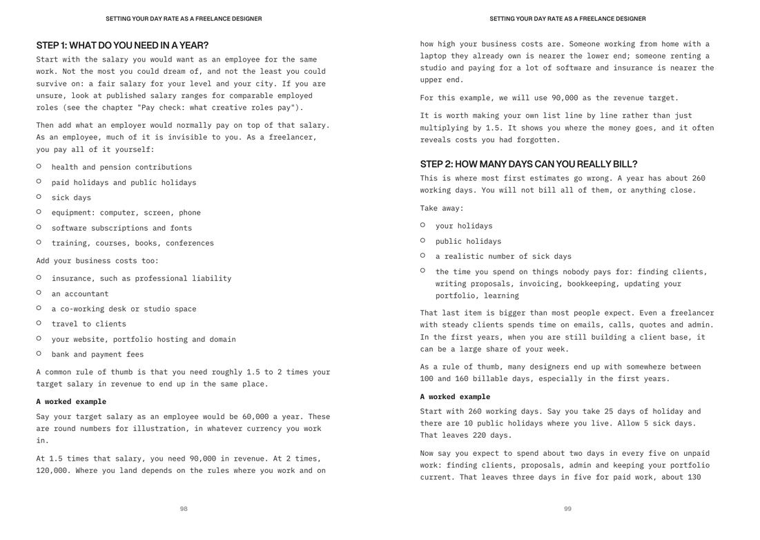 Two pages from the chapter on the freelance day rate in the From Portfolio to Offer