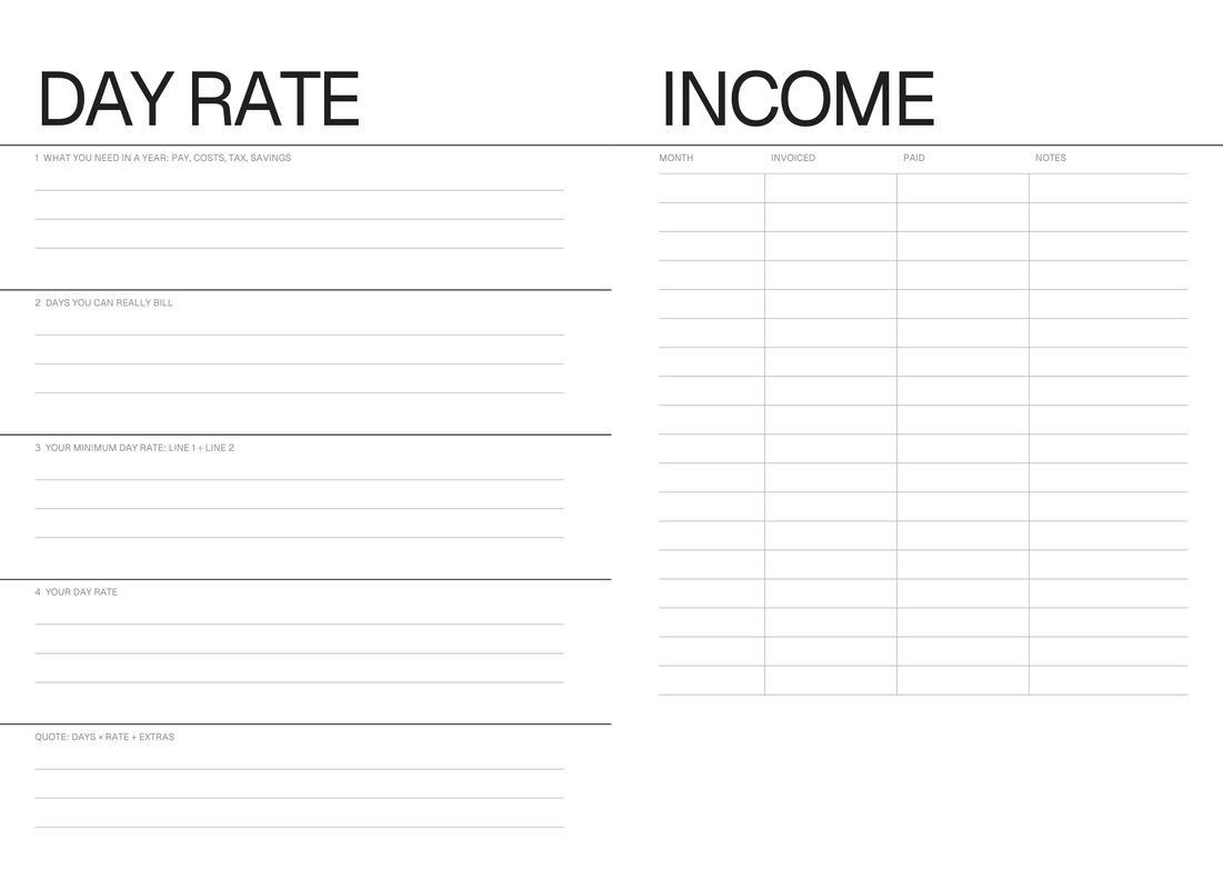 The day-rate worksheet and the income overview in the Monthly Planner for Designers