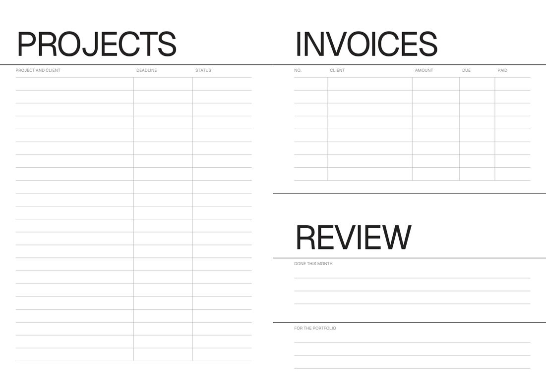 Projects, invoices and the month's review in the Monthly Planner for Designers