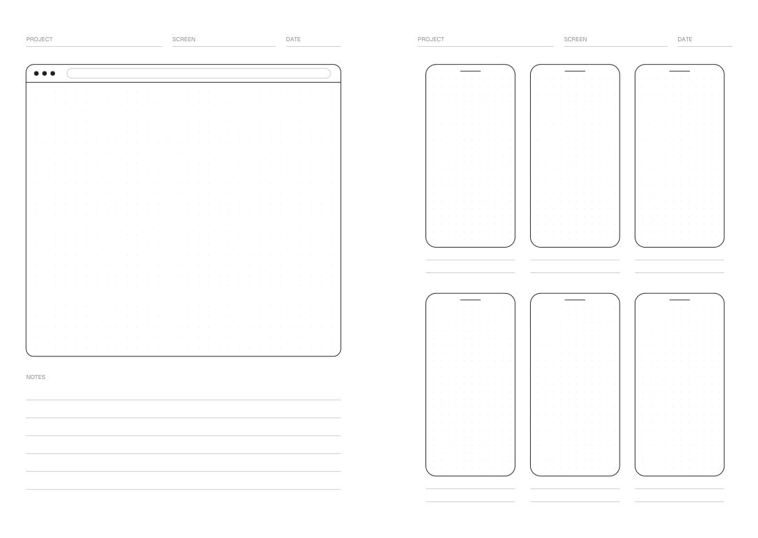 A page with a browser window next to a page with six phone frames in the UX Sketchbook