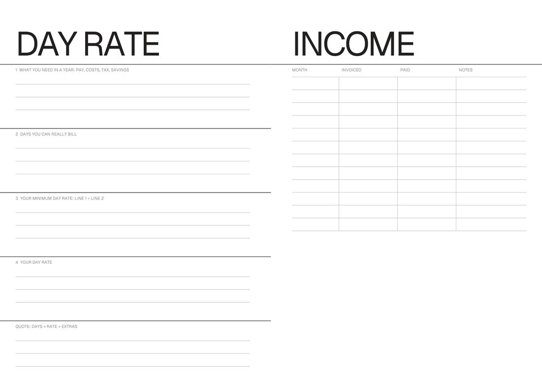 The day-rate worksheet and the income overview in the Weekly Planner for Designers